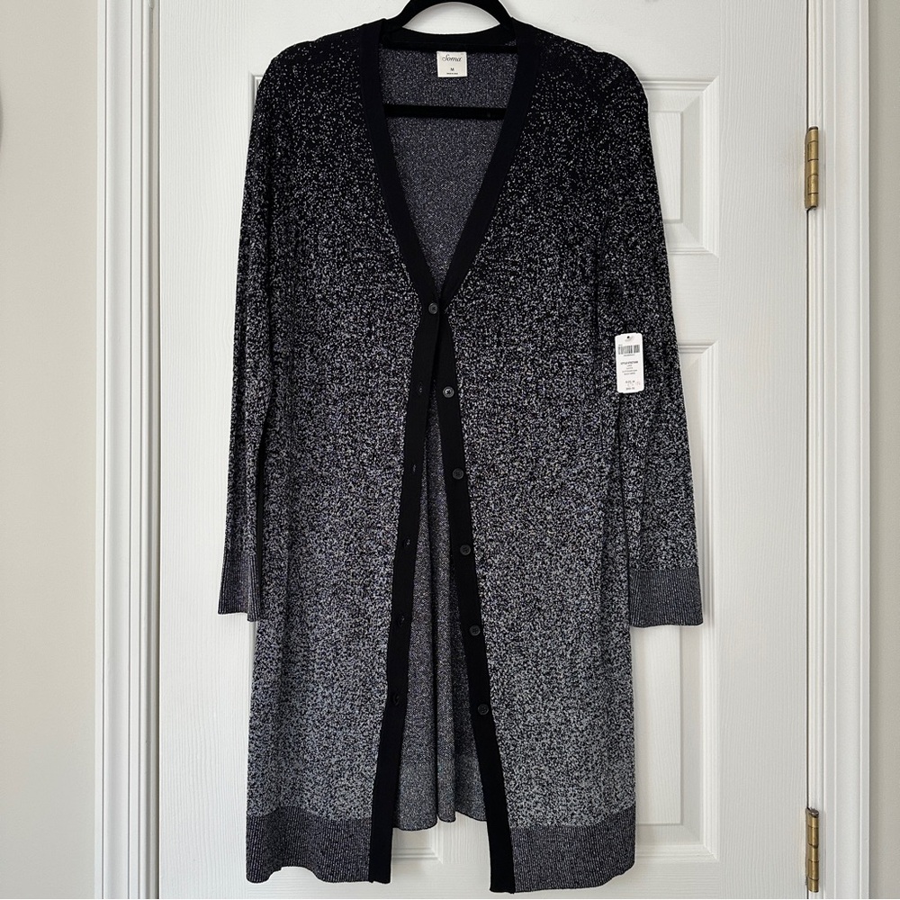 Soma Lurex Duster Cardigan Long Sweater Black Silver Metallic Ombré Size M
